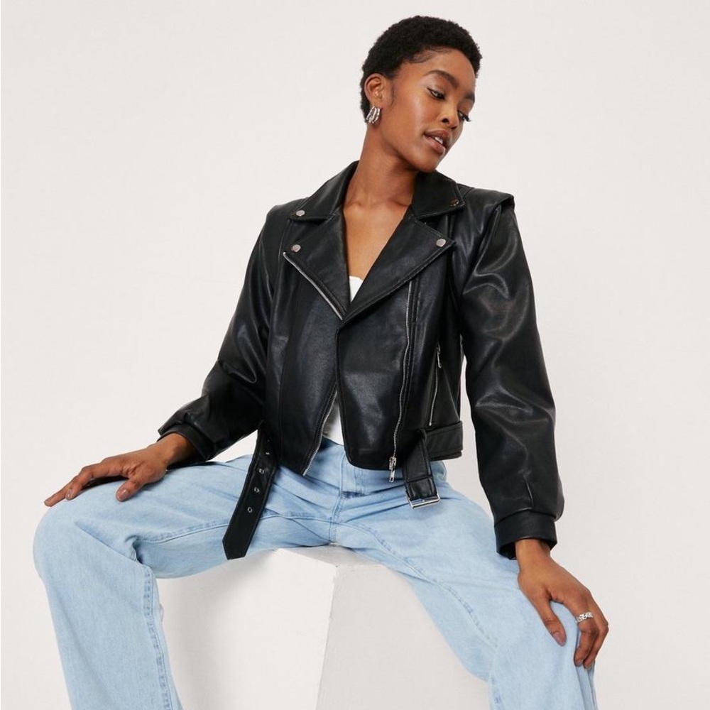 Nasty Gal Faux Leather Biker Jacket Black With Belt Size 4 NWOT